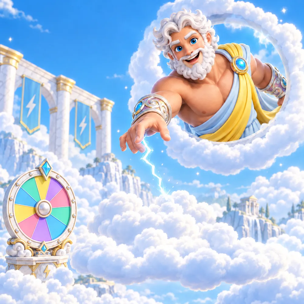 Ilustração em estilo cartoon de Zeus a atravessar um anel de nuvens por cima de colunas de mármore, com uma roda colorida decorativa em baixo