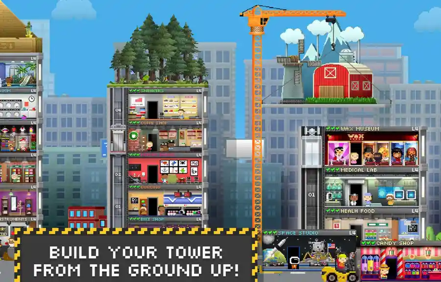 Ecrã de jogo de construção em pixel, exemplo de título de gestão analisado pela equipa